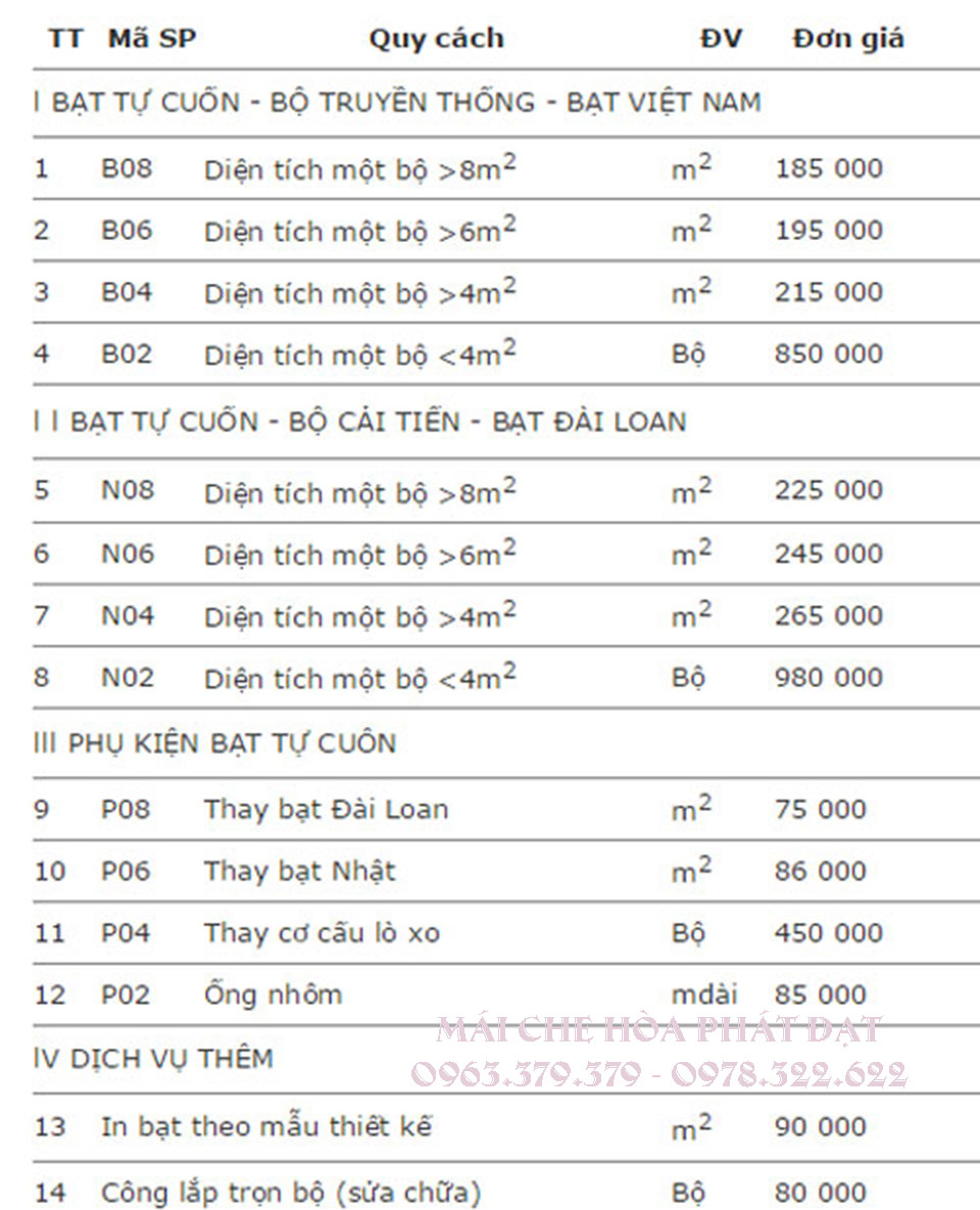 Bảng giá bán bạt che nắng ngoài trời của công ty hòa phát đạt